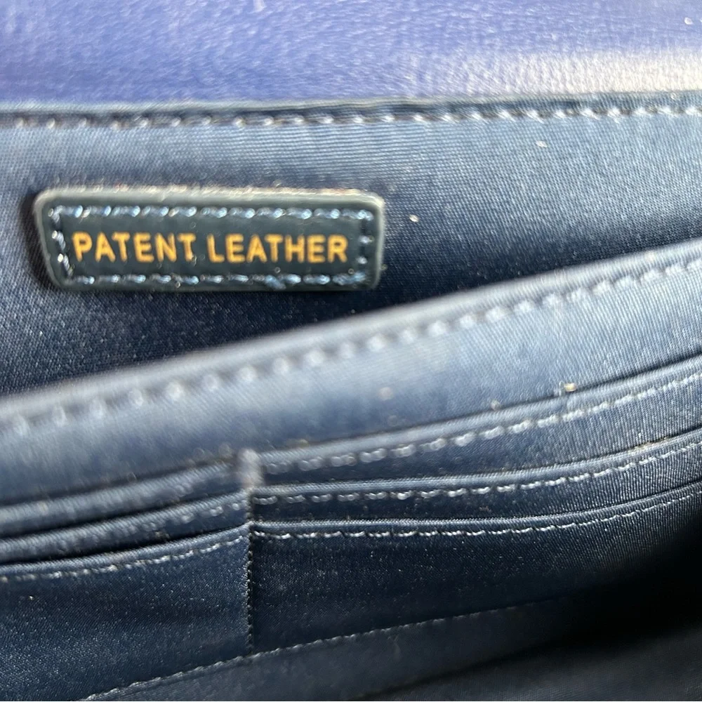 St. John Navy Blue Patent Leather Embossed SJ Monogram Chain Shoulder Bag